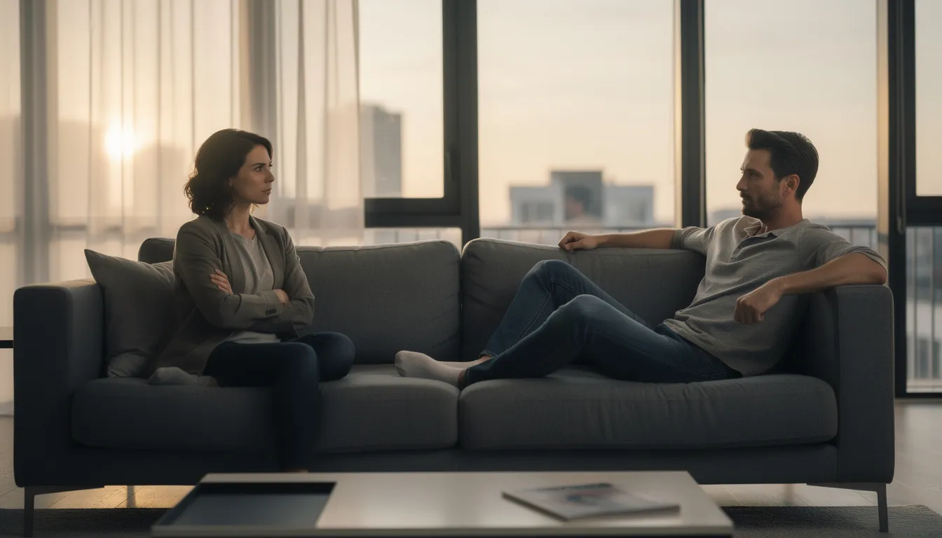 The image depicts two individuals sitting at opposite ends of a modern couch in an apartment, displaying tense body language and avoiding eye contact, suggesting unresolved relationship issues and a lack of communication. Their posture and distance reflect feelings of defensiveness and contempt, reminiscent of the "four horsemen" described by John Gottman, indicating a struggle to connect amidst long-simmering negative thoughts.