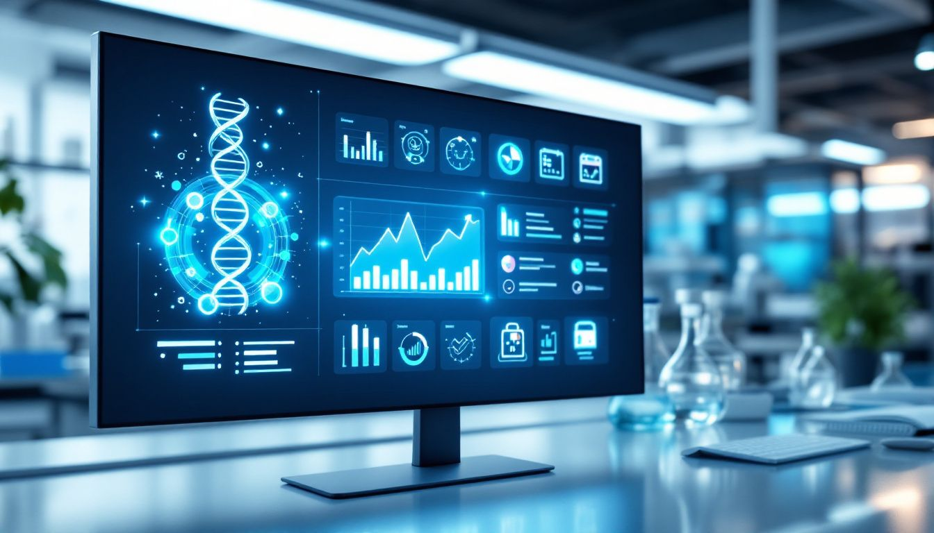 Key features of a LIMS system displayed on a computer screen in a small lab.