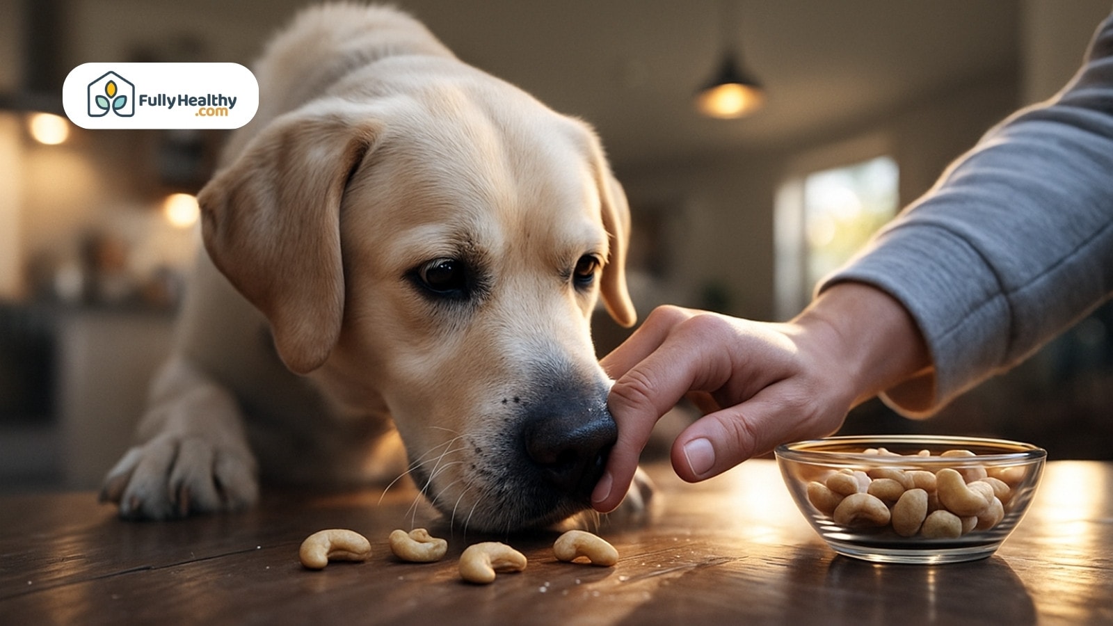 Labrador sniffing cashew nuts on table while hand gently guides it away