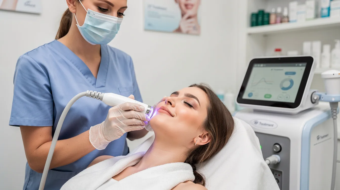 A clinician is performing a radiofrequency skin treatment along a patient's jawline, utilizing RF energy to stimulate collagen production and improve skin texture. The procedure aims to address common skin concerns such as mild skin laxity and uneven texture, promoting the body's natural healing response for firmer, more radiant skin with minimal downtime.
