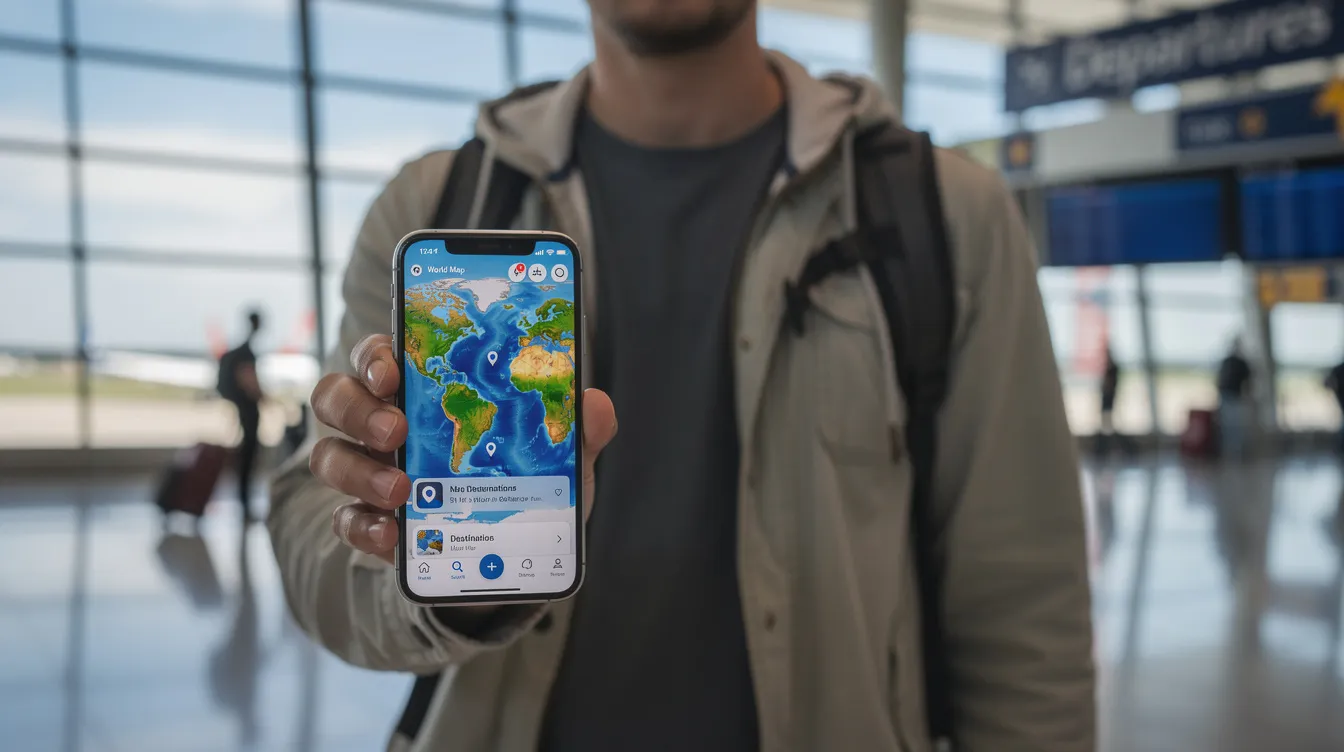 A person stands in an airport holding a smartphone that displays a world map, symbolizing the global reach of services like syndicate bank's international money transfer. This image emphasizes the convenience of sending money abroad while traveling.