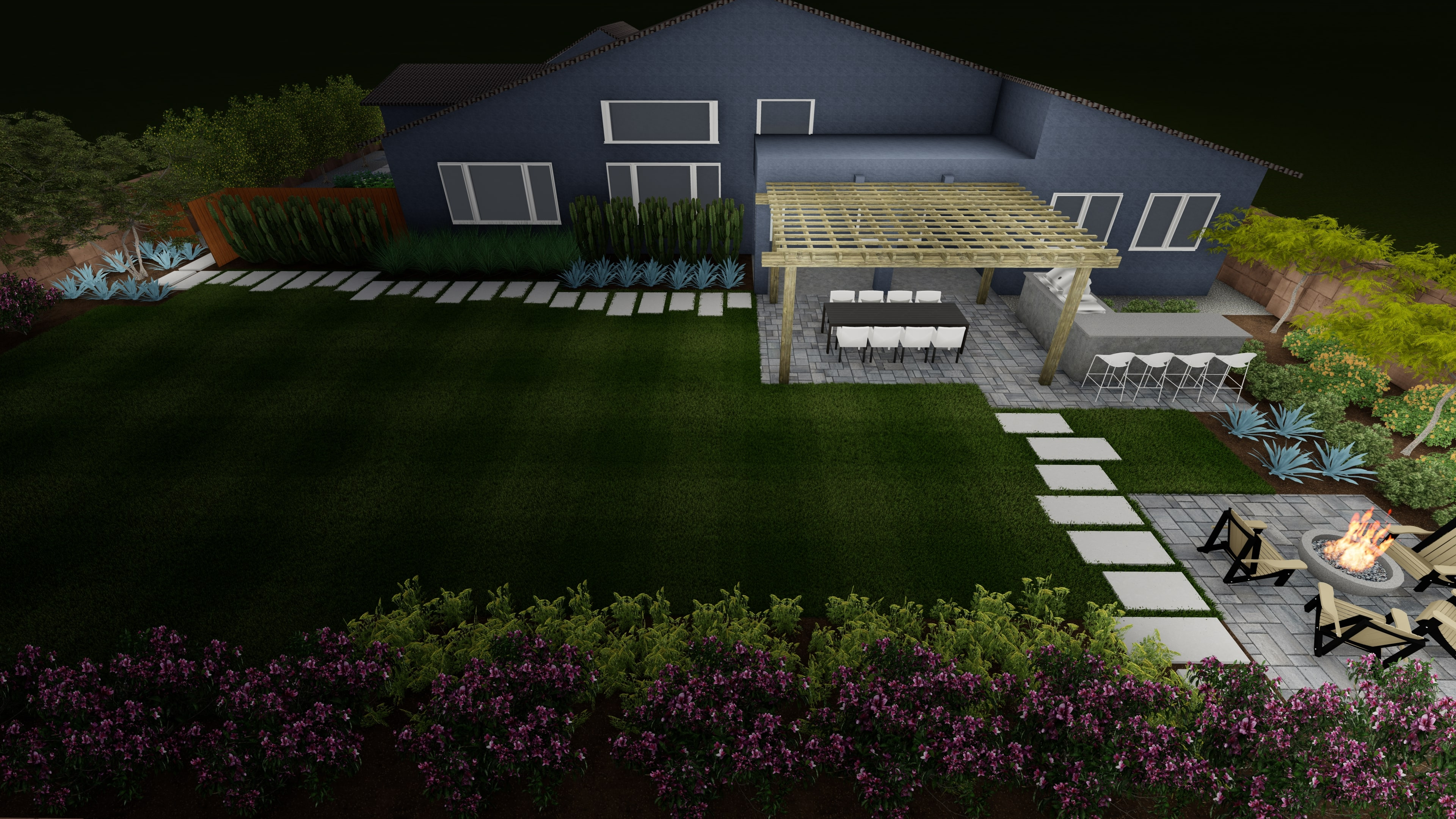 a Tilly backyard with landscape lighting that highlights plants and features within the space