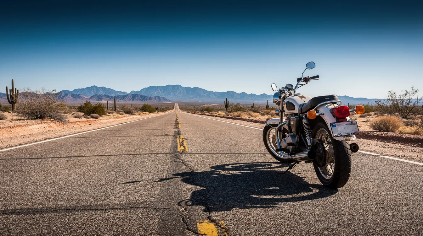 A motorcycle is parked on a quiet desert road, with distant mountains rising against a clear southwestern sky. This serene scene serves as a reminder of the unique challenges motorcycle riders face, highlighting the importance of having experienced motorcycle accident lawyers to navigate potential motorcycle accident claims and ensure safety on the roads.