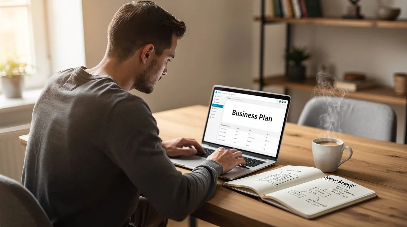 Een ondernemer zit aan een bureau en werkt geconcentreerd op zijn laptop, omringd door een notitieboek en een kop koffie. Hij is bezig met het schrijven van een businessplan voor zijn nieuwe onderneming, waarbij hij zijn doelen en strategieën voor de toekomst in kaart brengt.