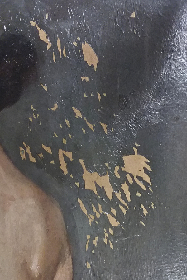 flaking paint oil painting from dew point humidity in bathroom