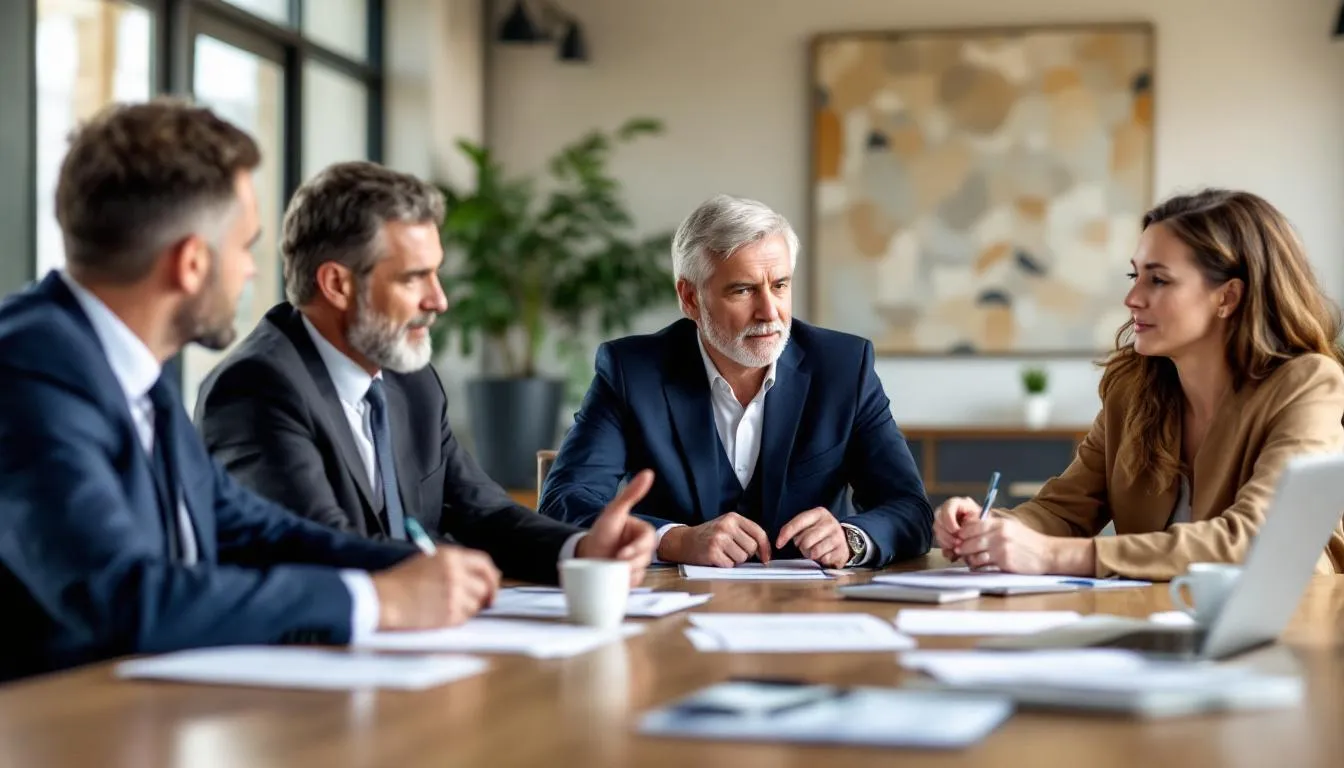 A group of experienced lawyers discussing a case in an office.