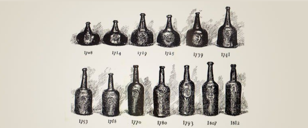 A range of glass bottle types from year 1708 to year 1812
