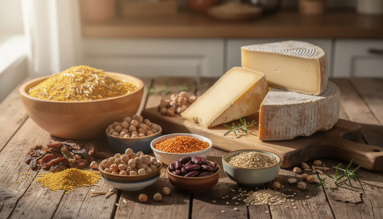An assortment of whole foods, including wheat germ, legumes, and aged cheese, is beautifully arranged on a wooden table, highlighting their potential longevity benefits and contributions to cellular health. This selection emphasizes the importance of a healthy aging regimen that supports cellular energy production and overall health.