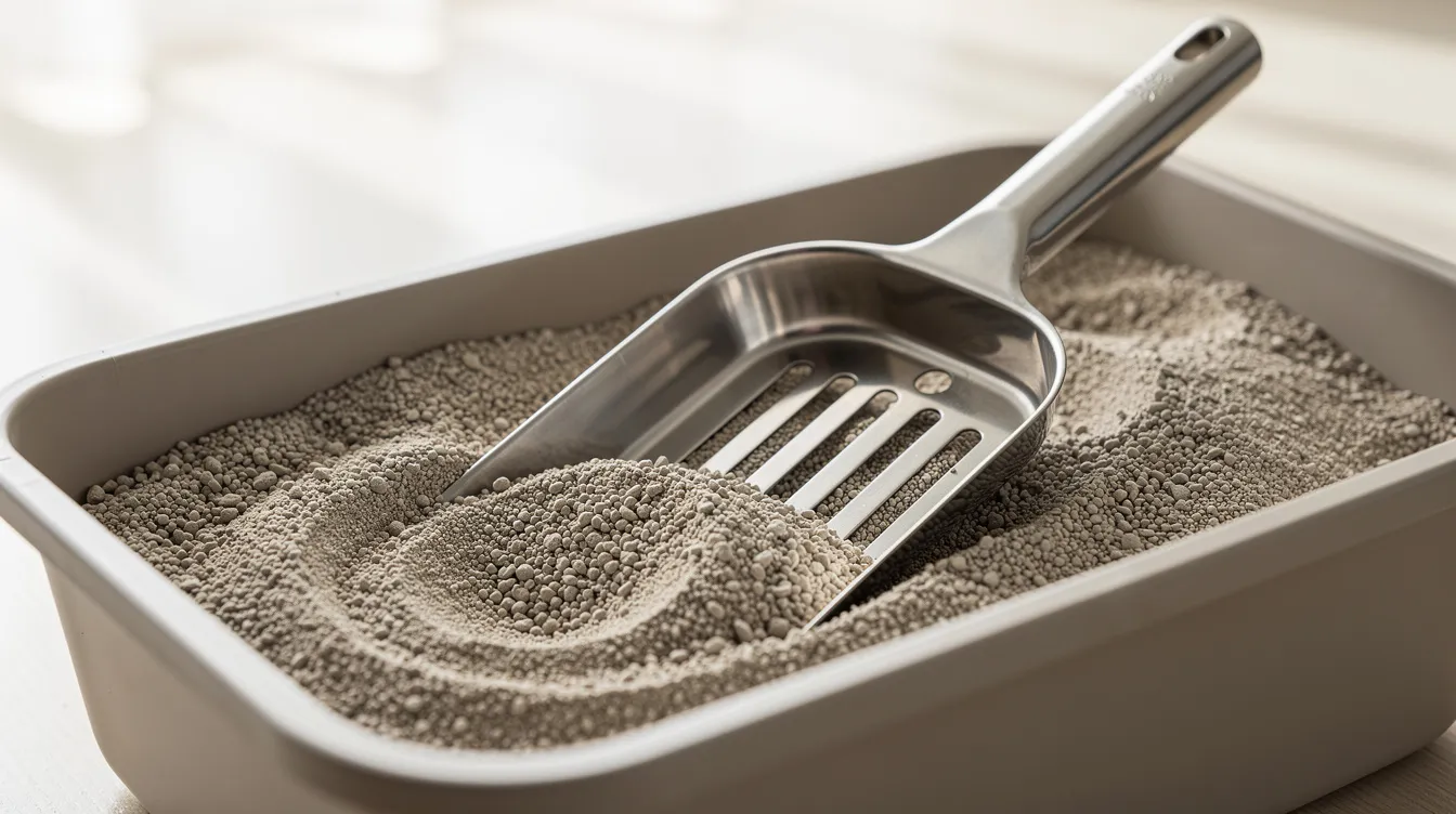 A sturdy metal litter scoop is positioned on the edge of a litter box filled with clean, fresh litter, ready for use in maintaining a tidy cat's litter box. This setup emphasizes the importance of daily scooping to ensure a clean litter environment for your cat.