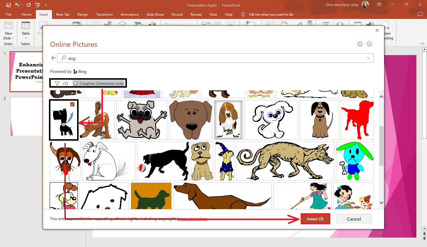 Select your desired clipart you want to use in your presentation and click "Insert."
