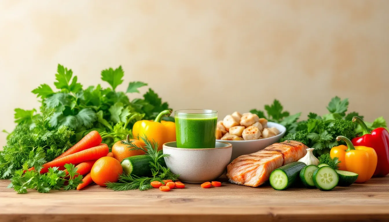 A colorful arrangement of healthy whole foods, including fresh vegetables, lean proteins, and aromatic herbs, is displayed, promoting a balanced diet ideal for a parasite cleanse. This composition emphasizes natural ingredients that may support the immune system and help treat parasitic infections.