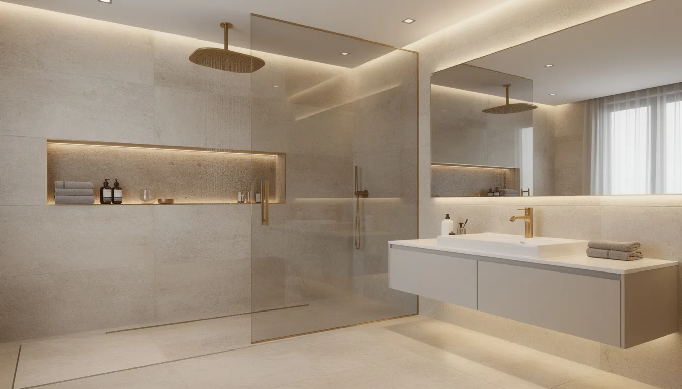 Een luxe badkamer met een wandpaneel in de inloopdouche, omringd door warme verlichting die een moderne uitstraling en een ruimtelijk gevoel creëert. De glazen wanden zijn gemaakt van gehard veiligheidsglas, wat bijdraagt aan de luxueuze uitstraling van de ruimte.