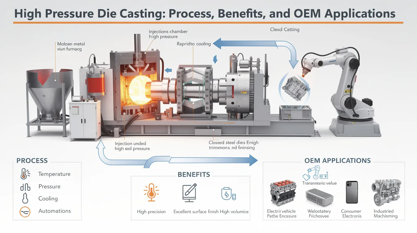 The image depicts the high pressure die casting process, showcasing molten metal being injected into a mold cavity under very high pressure. This manufacturing method is known for producing complex parts with excellent dimensional accuracy and smooth surface finishes, making it ideal for high volume production runs in various applications.