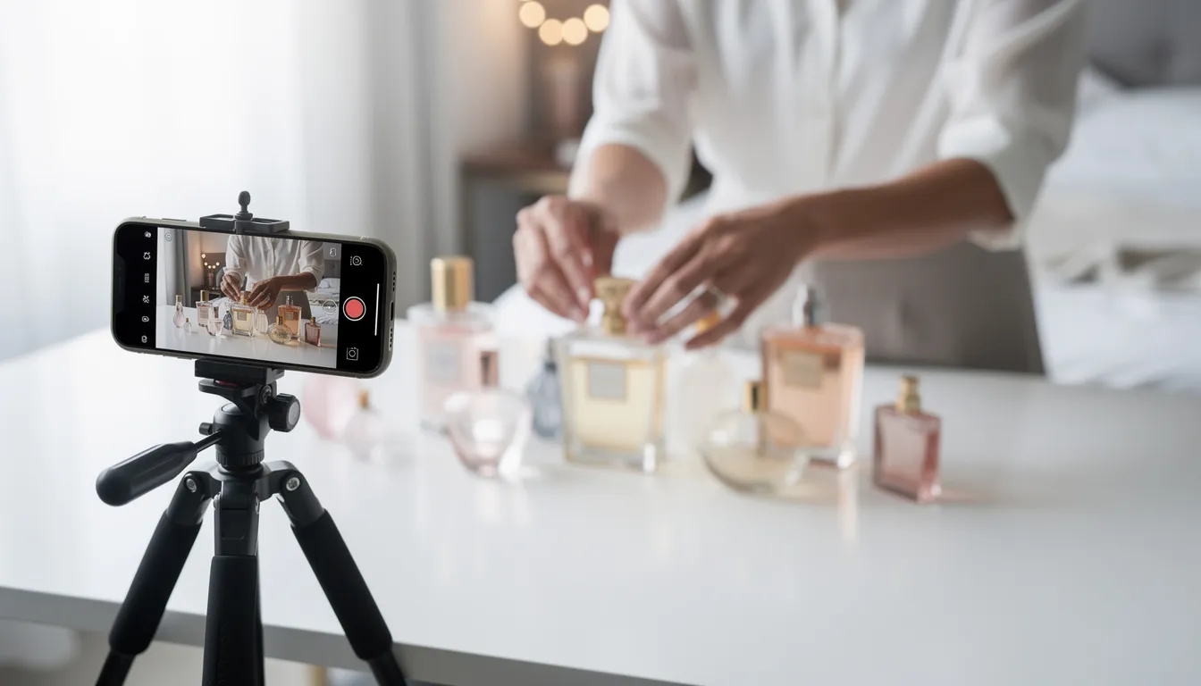 A person is carefully arranging a variety of perfume bottles on a table while filming content with a smartphone mounted on a tripod. The scene captures the essence of the fragrance market, showcasing different designer fragrances and niche perfumes, ideal for an online store or dropshipping business.