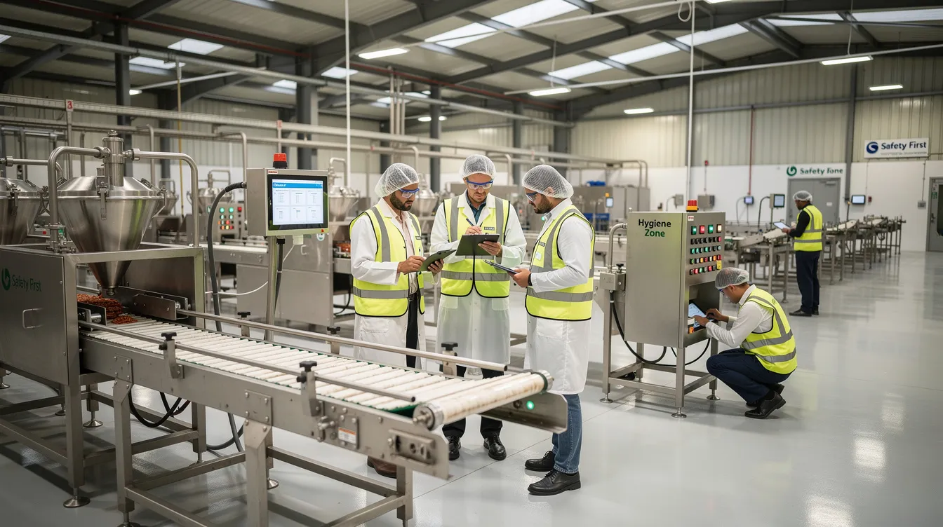 a14e94d5 2a0d 429d b5f4 4d9331107cf6 The image shows workers inspecting a rice roasting machine in a factory, where they are focused on ensuring the machinery functions properly for producing puffed rice. The setting highlights industrial food processing equipment, emphasizing the importance of quality control in the production of snacks like murmura.