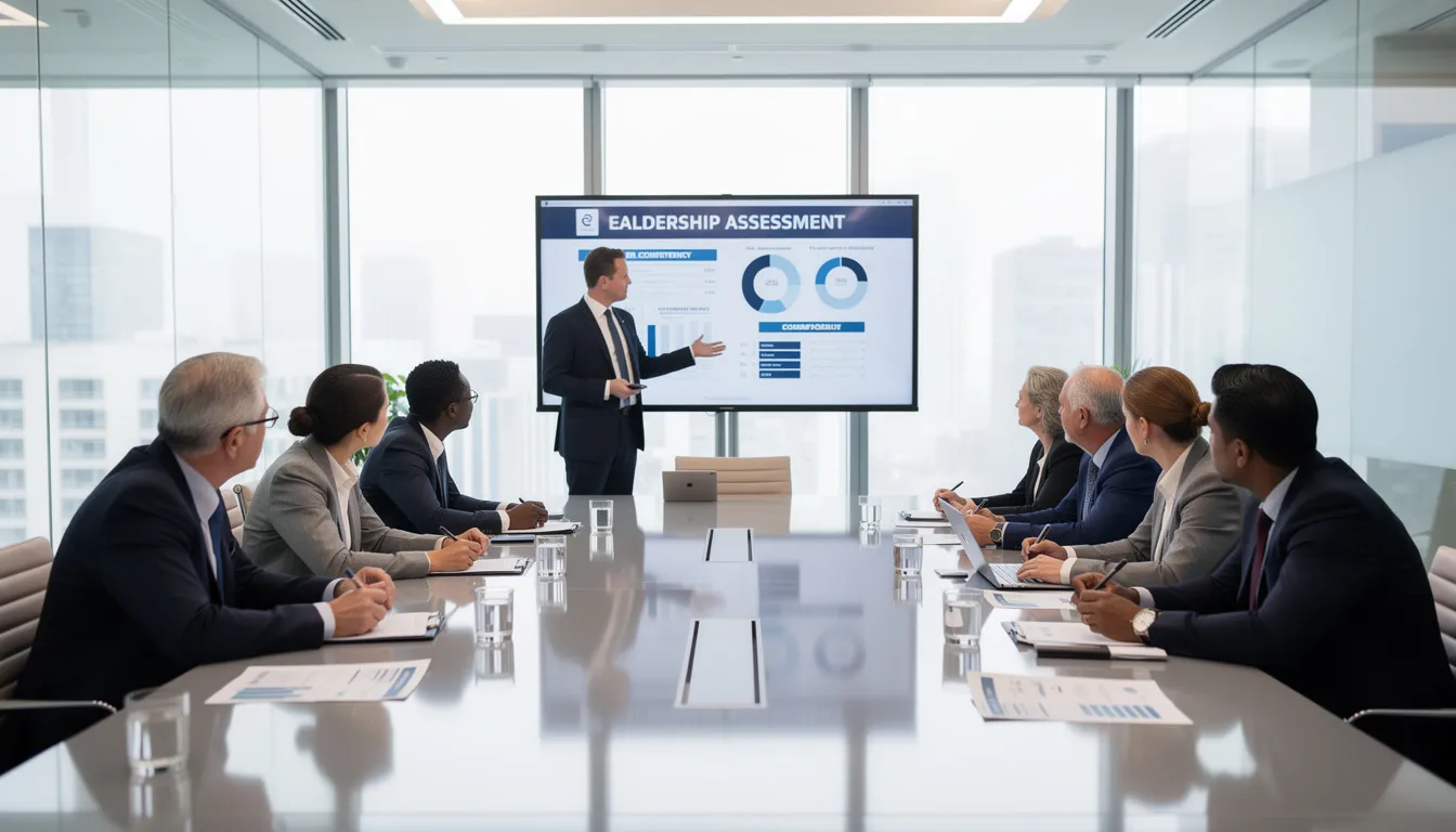 The image depicts a leadership assessment session where professional consultants engage with senior executives, focusing on developing leadership skills and emotional intelligence. Participants are involved in discussions aimed at enhancing their leadership capabilities and driving business success through effective team performance and strategic thinking.