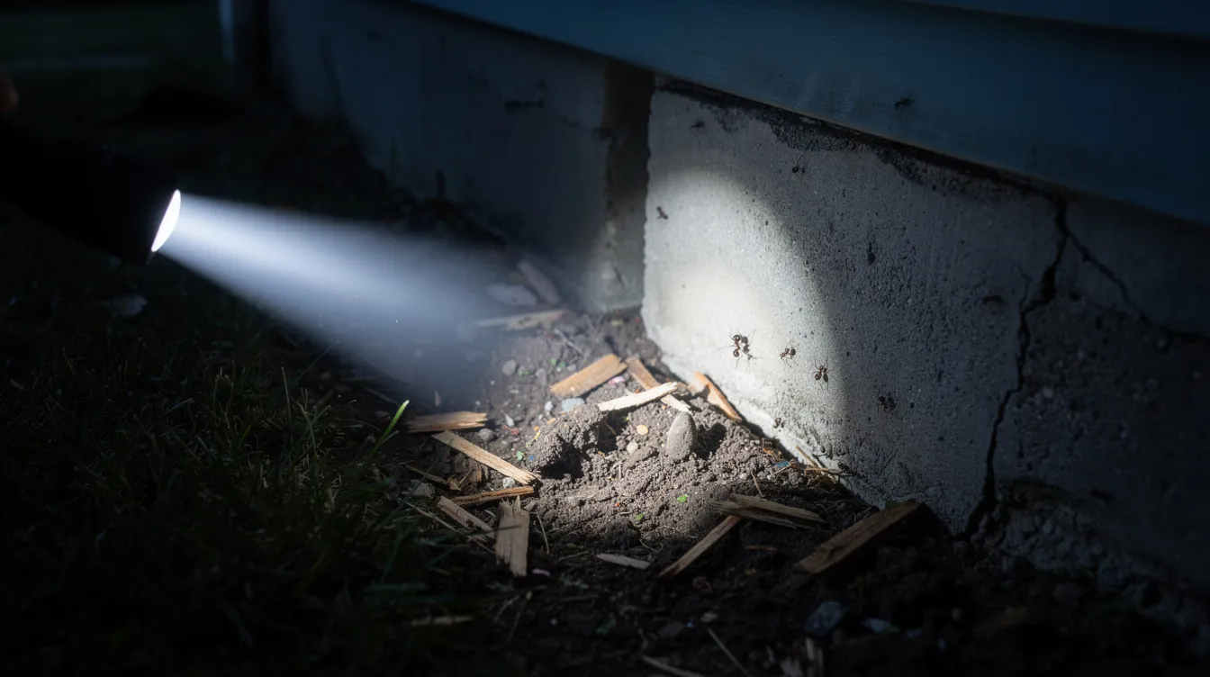 A flashlight beam highlights the foundation of a house at night, revealing potential nesting sites for carpenter ants. The scene suggests an ongoing carpenter ant assessment, focusing on the structural integrity of the home and the possibility of an infestation.
