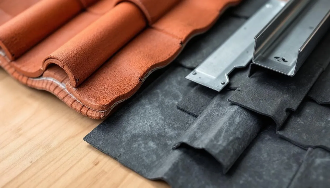 L'image montre une sélection de matériaux de couverture, incluant des tuiles en terre cuite, des ardoises, et divers éléments de zinguerie, illustrant l'expertise des couvreurs à Sainte Pazanne dans le domaine de la rénovation de toiture. Ces matériaux, soigneusement disposés, témoignent de la qualité et du savoir-faire des professionnels de la couverture dans le pays de Retz, Loire Atlantique.