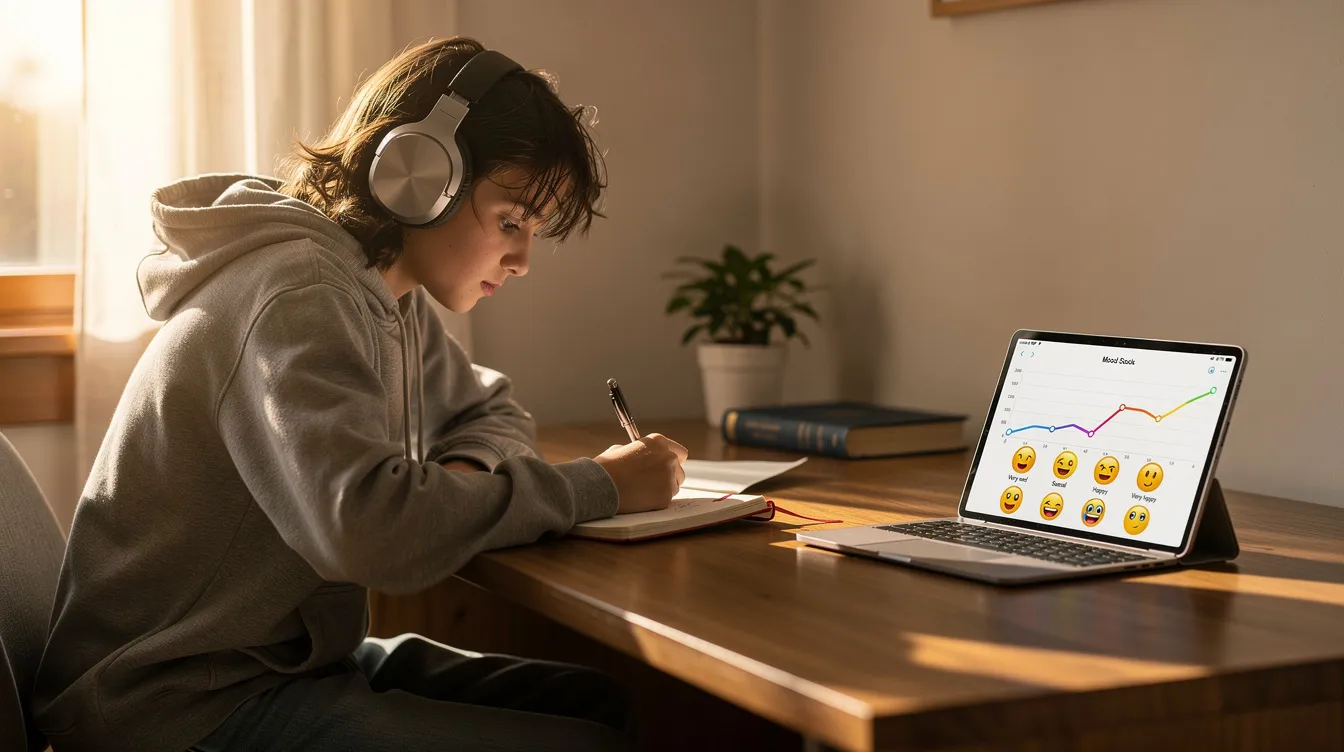 A teenager is sitting at a desk, wearing headphones and writing in a journal, with a tablet beside them displaying a mood tracking app. This scene highlights the importance of mental health care and the use of digital tools in managing mental health conditions as part of their personal journey.