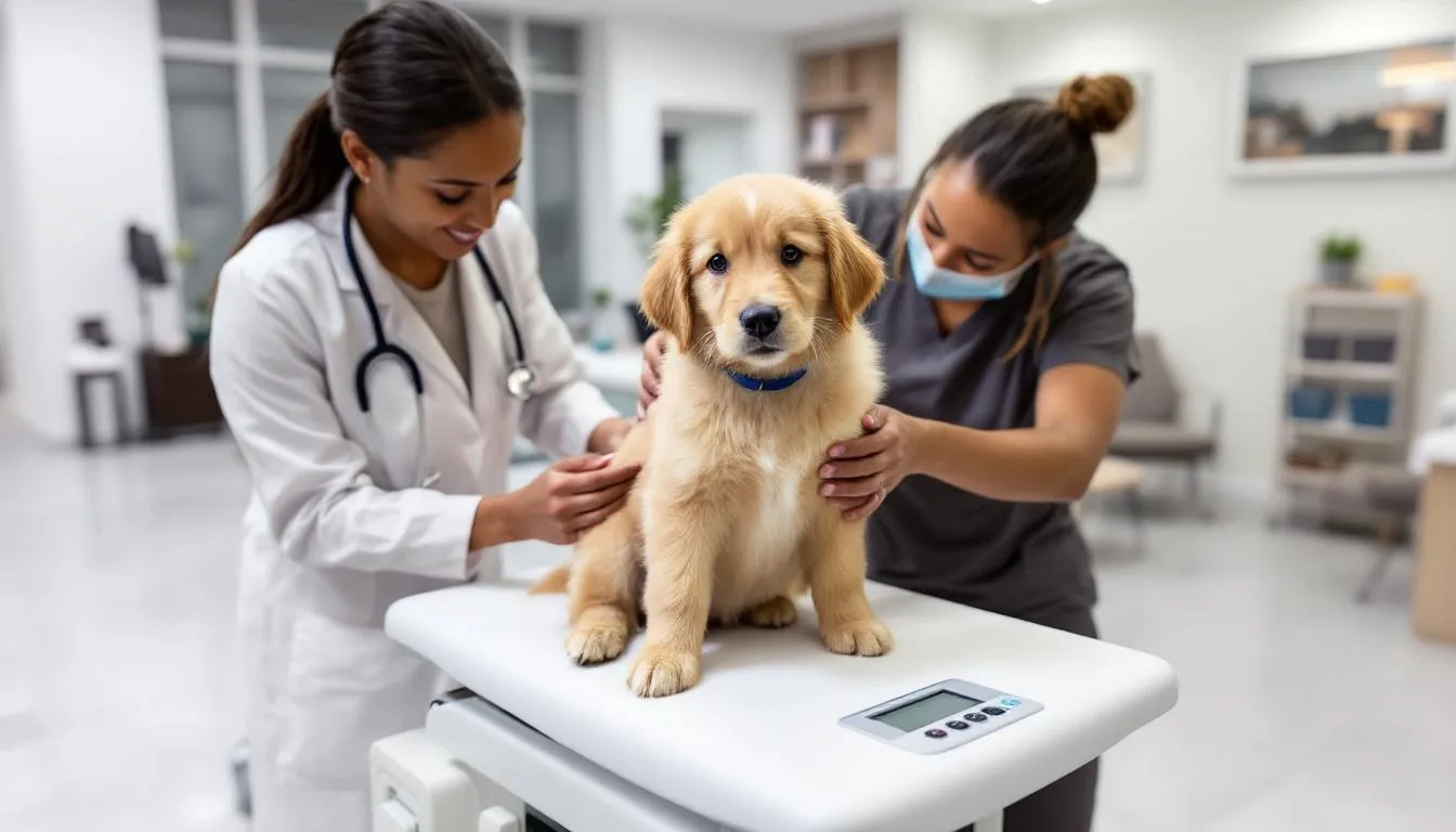 A goldendoodle puppy is being carefully measured for height and weight at a veterinary clinic, with a veterinarian using a scale and measuring tape to monitor the puppy