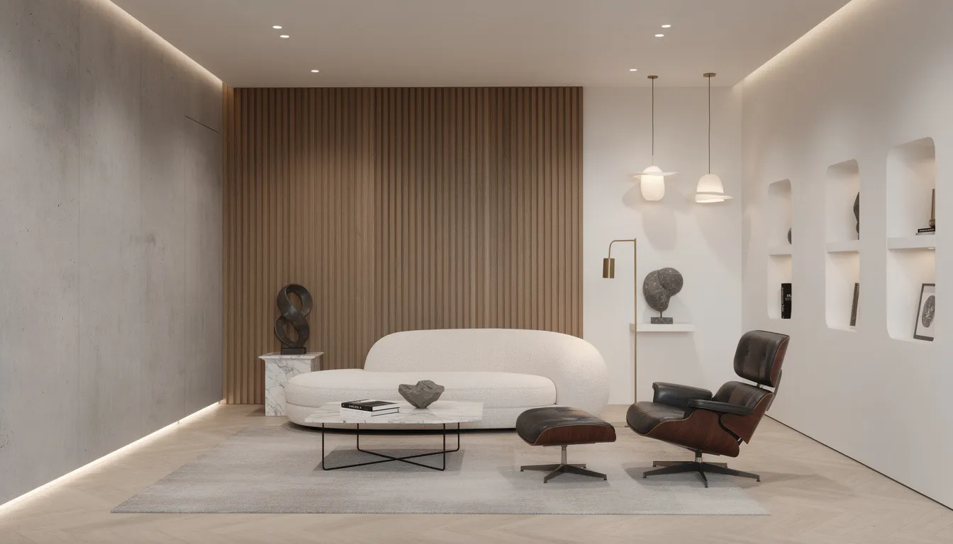 Een stijlvolle showroom met diverse wandtexturen, waaronder decoratieve wandpanelen van geëxpandeerd polystyreen, en luxe meubels in een moderne setting. De ruimte straalt een unieke uitstraling uit en biedt eindeloze mogelijkheden voor zowel binnen- als buitentoepassingen.