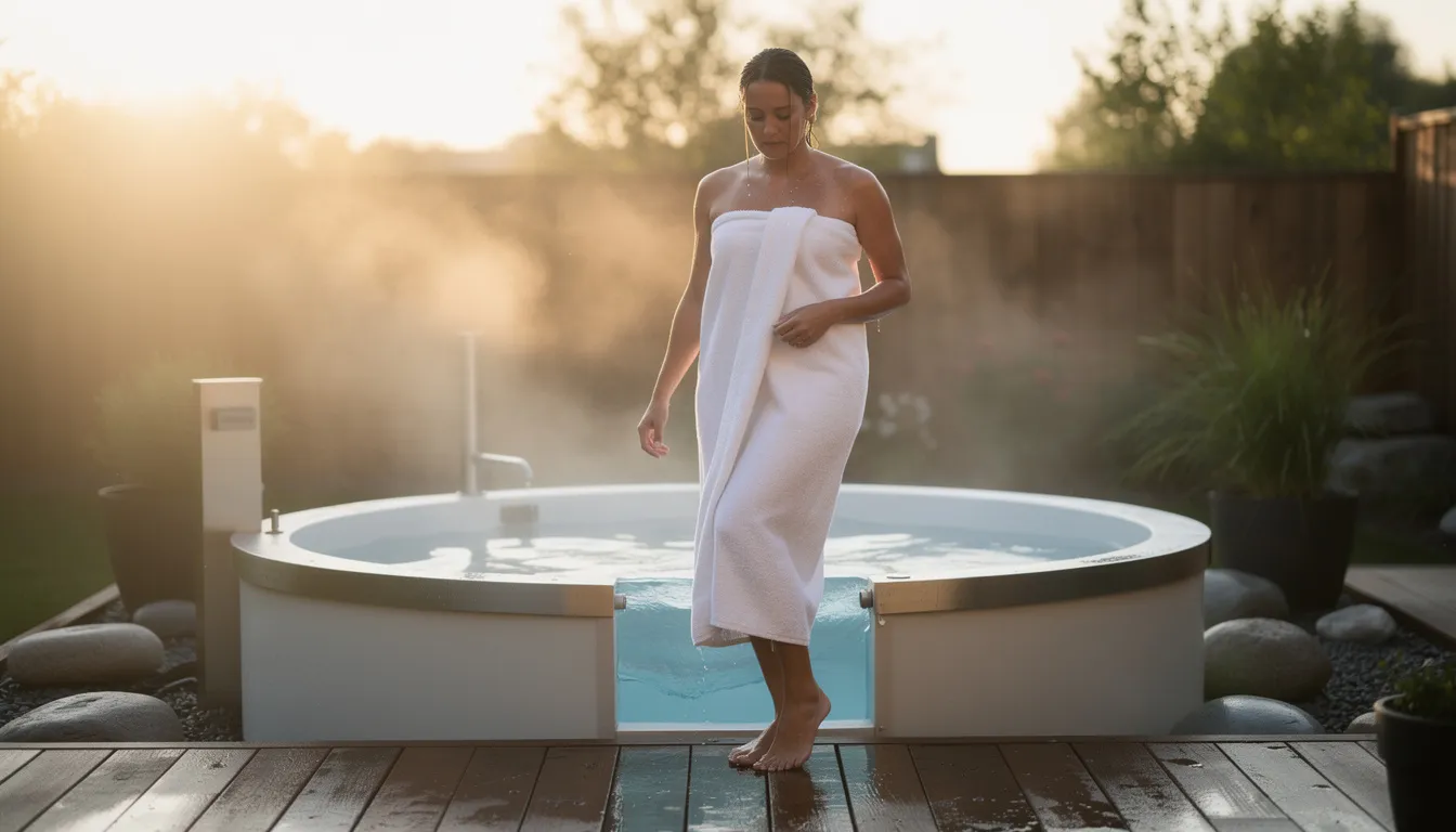 A person is stepping out of an outdoor cold plunge tub, wrapped in a towel, as morning light illuminates the scene. The chilly water reflects the benefits of cold exposure, promoting muscle recovery and enhancing overall well-being.