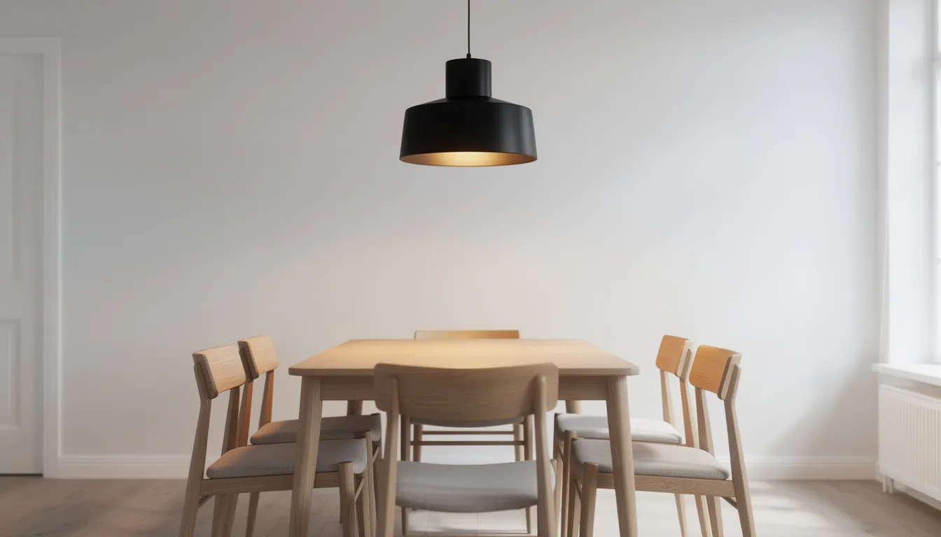 En modern pendellampa i svart metall hänger elegant över ett trämatbord, omgiven av stolar. Lampan ger riktat ljus och bidrar till en stilren atmosfär i rummet.