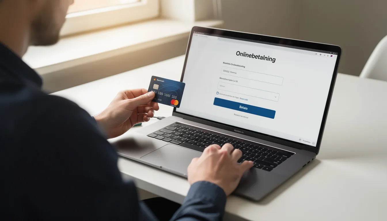 En person sitter vid ett bord och använder en laptop för att göra en onlinebetalning, medan hen håller ett bankkort i handen. Bilden visar hur man kan sätta in pengar på ett casino med visa, vilket är en populär metod för både insättningar och uttag.