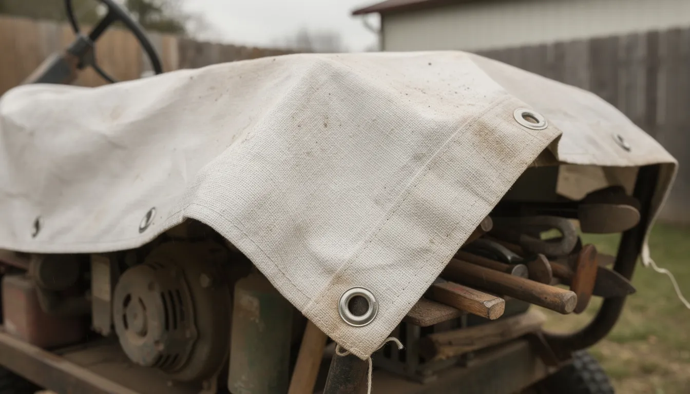A heavy-duty natural canvas tarp, featuring sturdy metal grommets, is draped over outdoor equipment, providing weather resistance and protection from the elements. This durable tarp is an eco-friendly alternative to plastic tarps, making it a great choice for farmers looking to maintain soil health and reduce microplastic pollution.