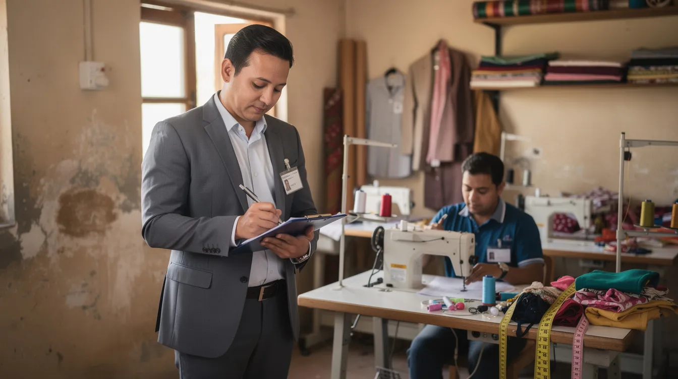 a1584c49 cd69 482c 8c5a 903625b9b421 A bank officer is seen visiting a small home tailoring workshop, clipboard in hand, while several sewing machines are set up around the room. This scene highlights the interaction between financial institutions and micro and small businesses, such as those eligible for mudra loans under the Pradhan Mantri Mudra Yojana.