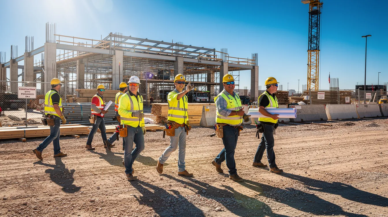 A group of construction workers, all wearing hard hats and high-visibility vests, is seen walking across a large commercial building site under the bright Texas sunlight. This scene emphasizes the importance of safety practices and protocols within the construction industry, showcasing the commitment to occupational safety and the company's safety program.