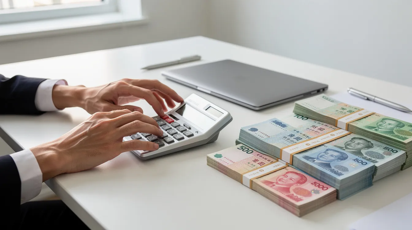 A person is using a calculator next to stacks of Hong Kong dollar banknotes on a tidy office desk, possibly calculating details related to a loan application for public servants. The scene suggests financial planning, with an emphasis on understanding loan terms and repayment amounts.