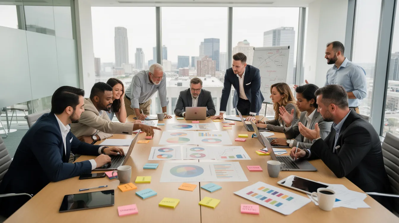 A diverse group of professionals collaborates around a large table filled with charts and sticky notes in a modern office, exemplifying teamwork in management consulting. They are engaged in discussions, likely analyzing data and strategizing solutions to enhance their client organization's performance.