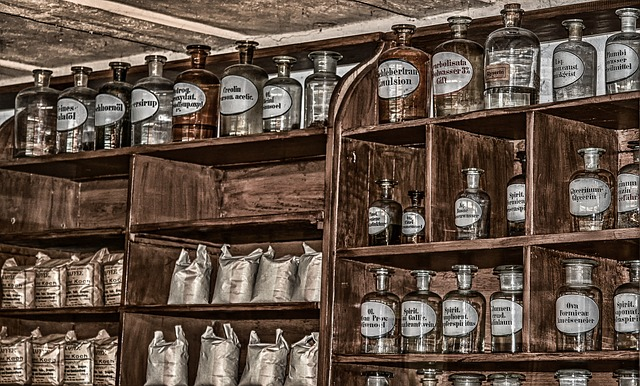 An image of an old pharmacy shelf with medications. 