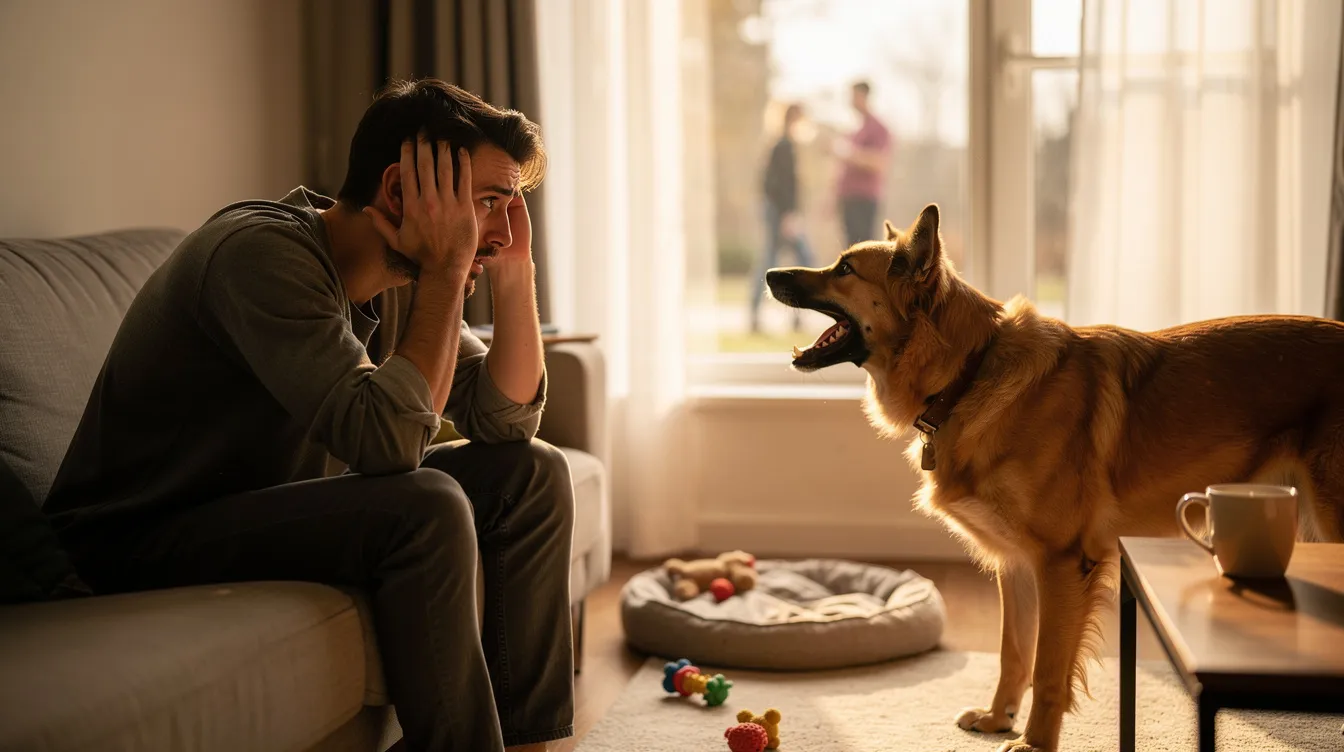 The image depicts a dog barking at the front door, showcasing its alert behavior. The scene captures the dog's expressive face and posture, illustrating common reasons for excessive barking, such as responding to outdoor noises or seeking attention from family members.