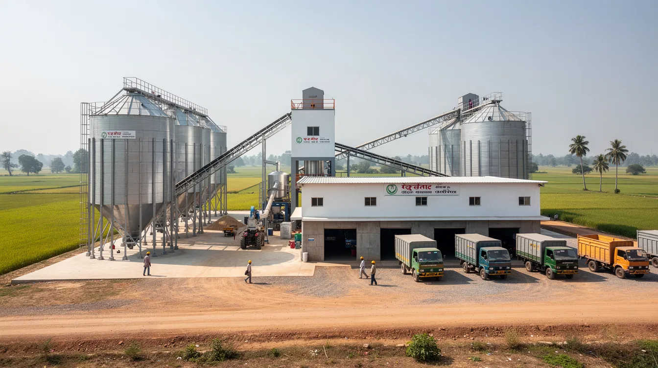 The image depicts a wide view of a modern rice milling plant set in a rural Indian landscape, featuring large metal silos and intricate conveyor systems used in the milling process. This facility highlights the efficiency of rice production and processing, emphasizing its role in the local rice mill business and its potential for profitability among small scale farmers.