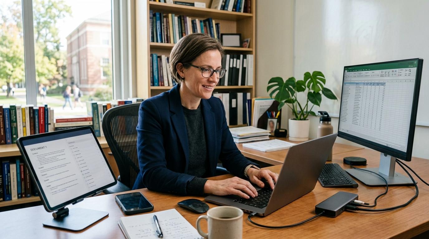 Photorealistic university professor managing student assignments on a laptop seamlessly connected to multiple digital devices in a modern academic office.