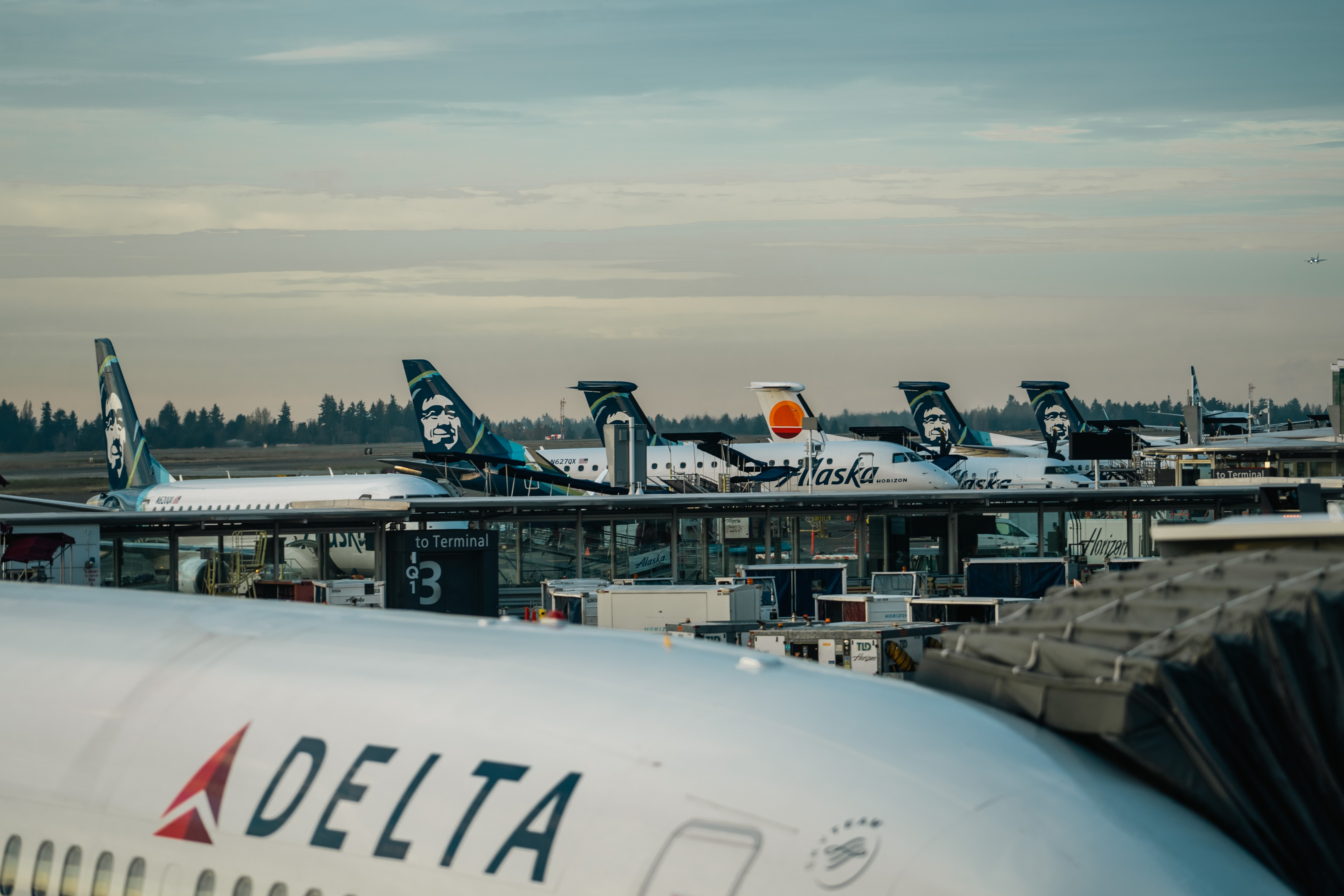 Delta Airlines aircraft parked in front of other aircraft.