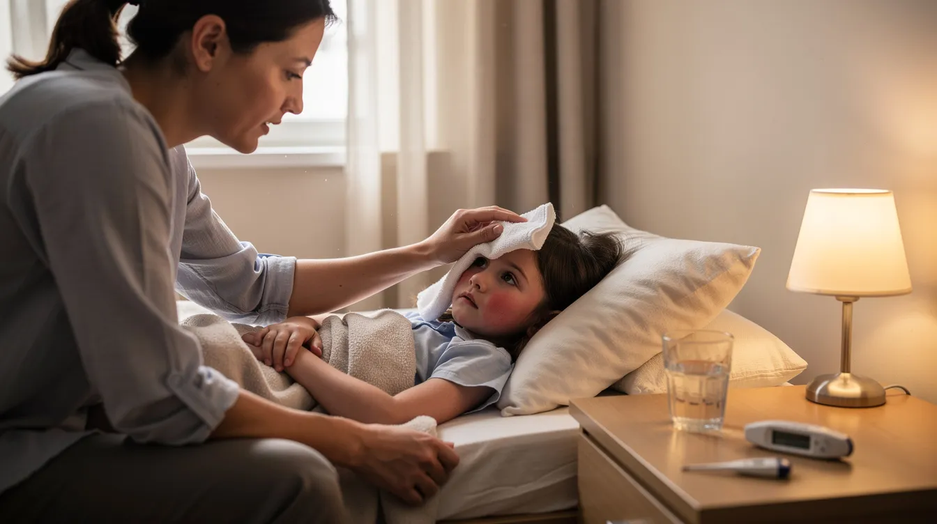 A parent gently places a cool cloth on a child's forehead in a cozy bedroom, providing comfort during a time of illness. This scene reflects the nurturing aspect of home medical care as the parent tends to the child's symptoms, highlighting the importance of health and healing in family life.