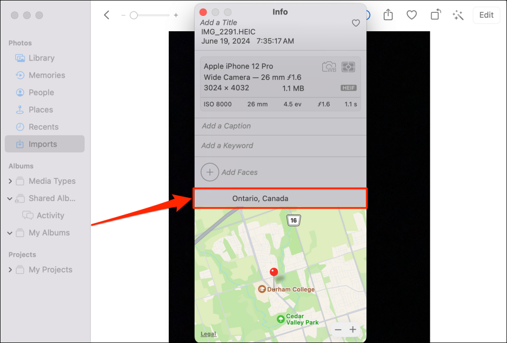 Steps to find a picture's location data in the Mac Photos app