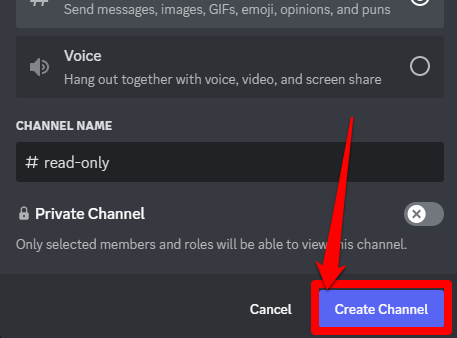 The final step involved in creating a new Discord channel