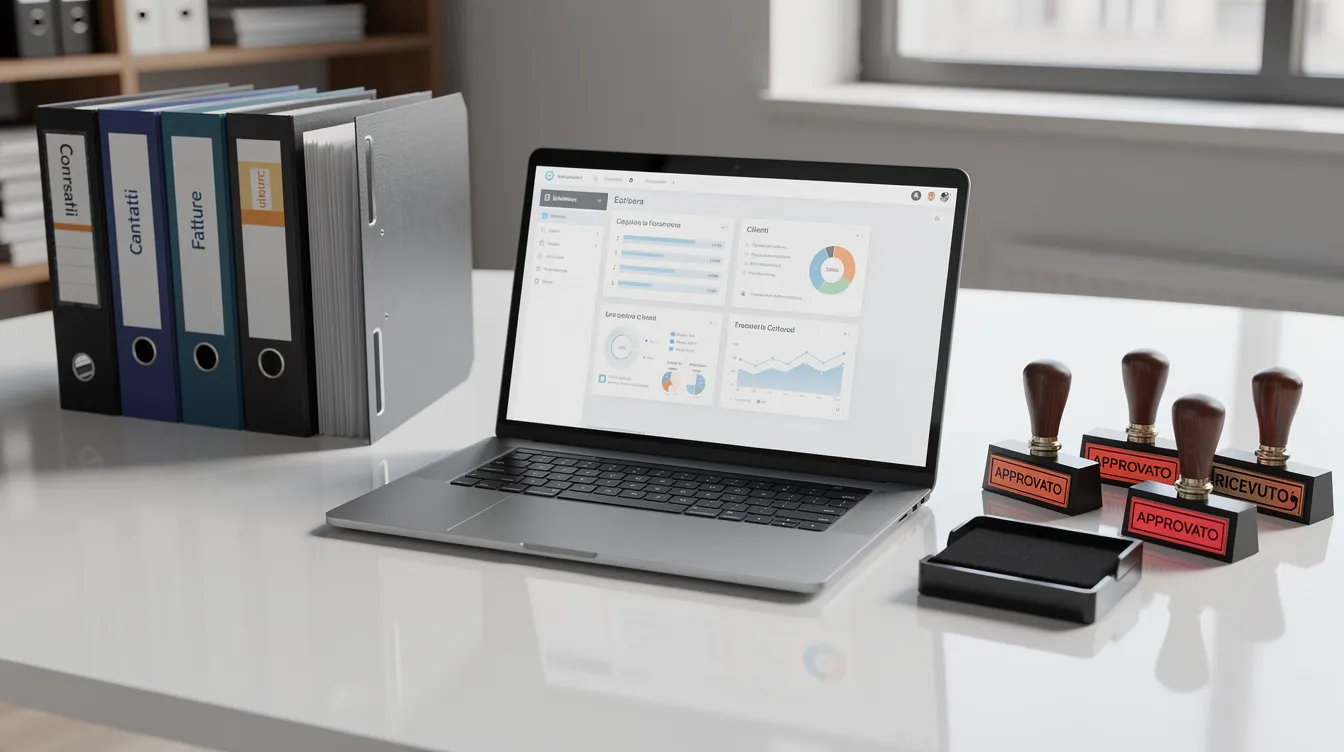 L'immagine mostra una scrivania professionale con un laptop aperto, circondato da cartelle documenti ben organizzate e timbri aziendali, elementi essenziali per la gestione della documentazione e il rispetto degli adempimenti aziendali in tempo reale. Questo ambiente di lavoro riflette l'importanza della regolarità e della conformità alle normative vigenti nel settore.