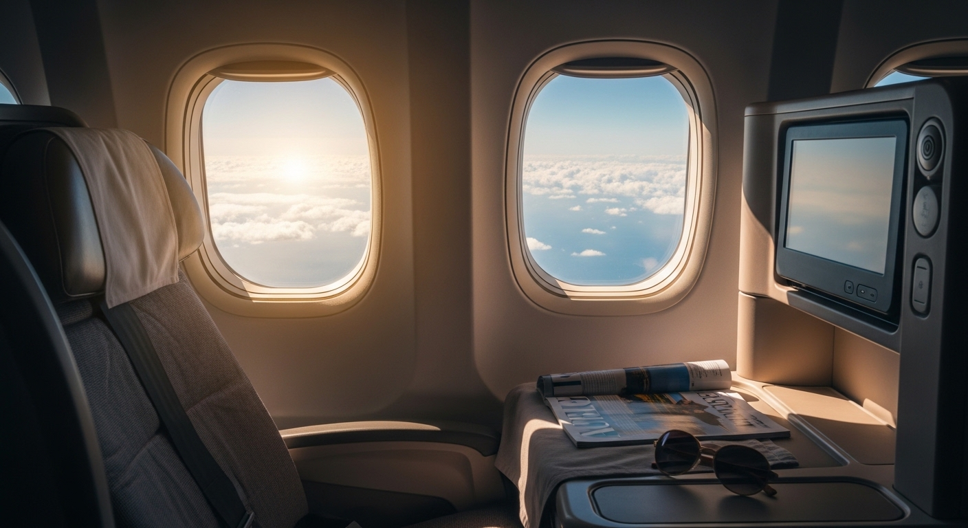 View from a business class airplane seat looking out the window at bright summer clouds during a long haul flight.