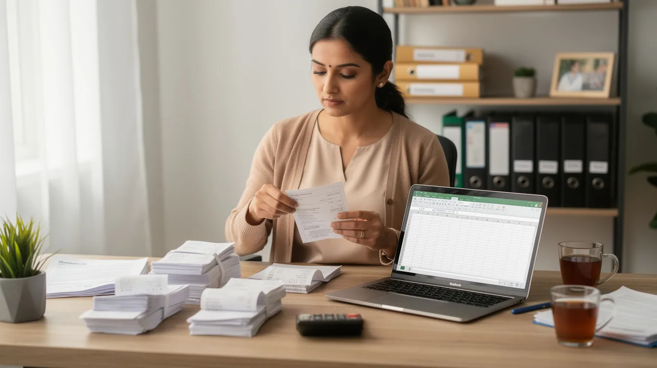 a1658f50 bded 4c20 ac6a e339be90550c An Indian woman small business owner is seen organizing receipts and invoices at her desk, which is equipped with a laptop. This scene highlights the importance of financial discipline for managing her micro enterprise, potentially benefiting from schemes like the Pradhan Mantri Mudra Yojana for financial assistance.