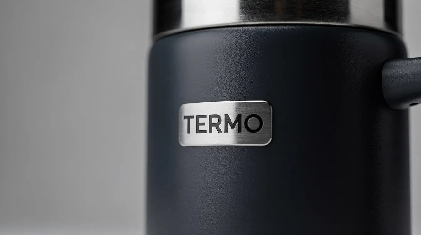 L&auml;hikuva tummasta mattapintaisesta termosmukista, jossa on metallinv&auml;rinen logo.