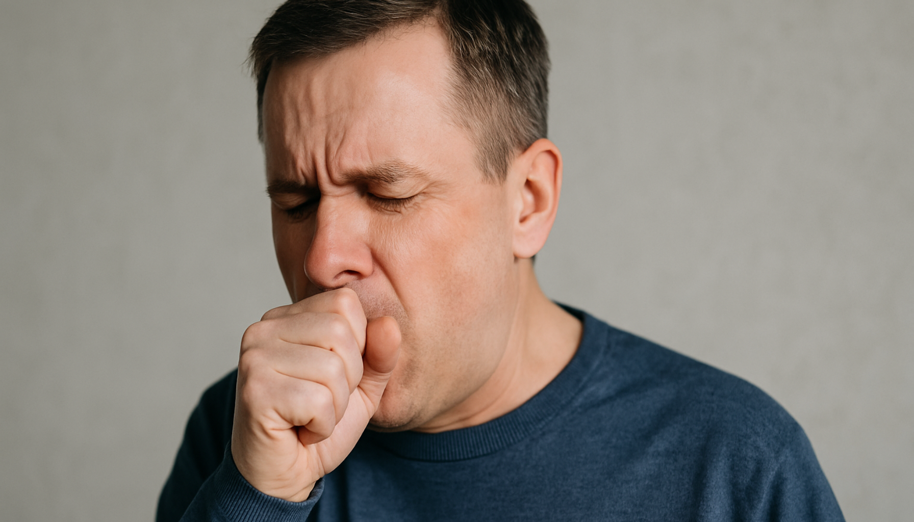 Mann med lukkede øyne hoster intenst og dekker munnen med hånden, iført blå genser foran en nøytral bakgrunn.
