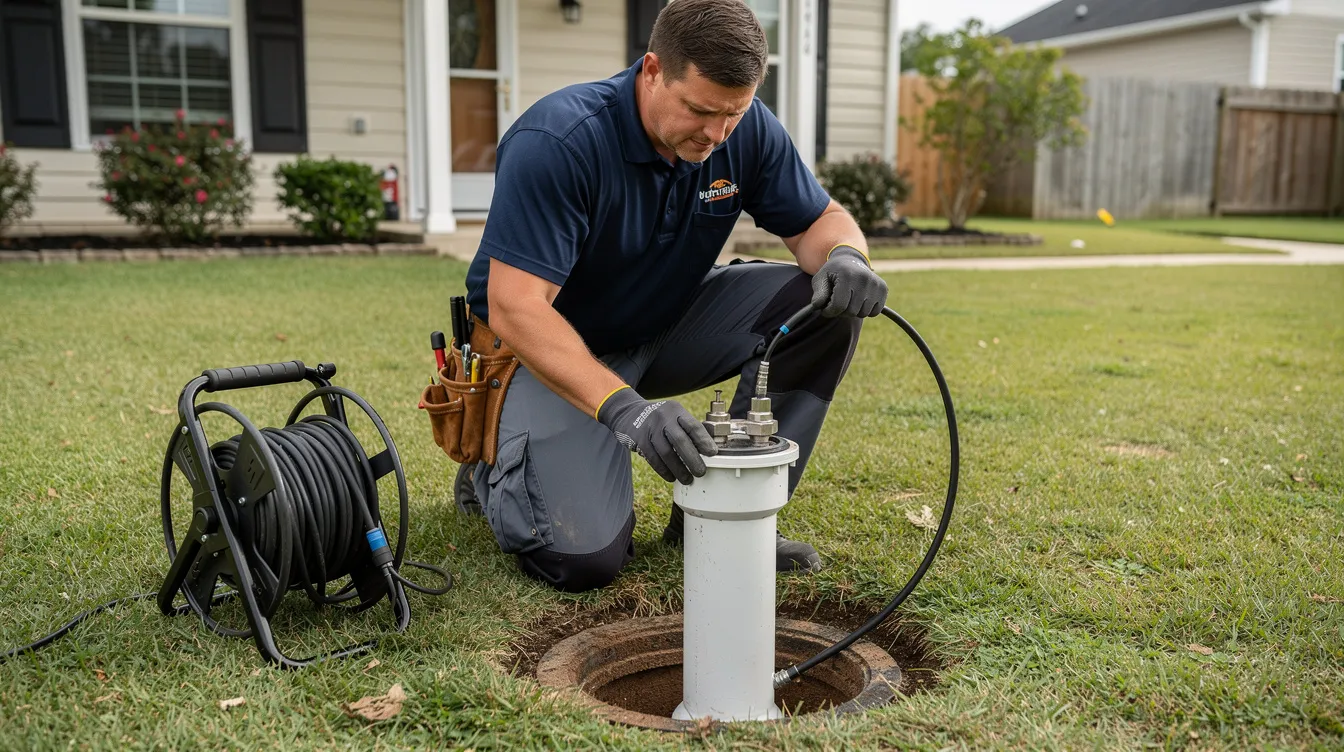 A plumber is seen inserting a flexible sewer camera into an outdoor sewer cleanout pipe in a residential yard, preparing for a video pipe inspection to identify potential issues within the plumbing system. This advanced technology allows for a thorough inspection of the sewer line, helping to diagnose problems like slow drains or blockages without unnecessary digging.