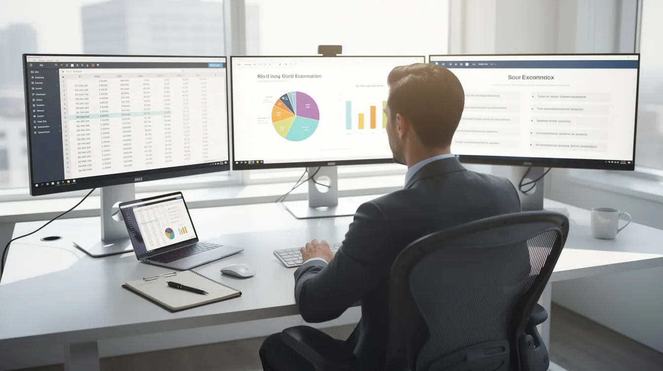 A professional is seated at a desk surrounded by multiple computer screens displaying various spreadsheets and PowerPoint presentation slides, showcasing linked Excel data and charts for financial analysis. The workspace suggests a focus on managing links between an Excel workbook and PowerPoint files for efficient reporting and data updates.