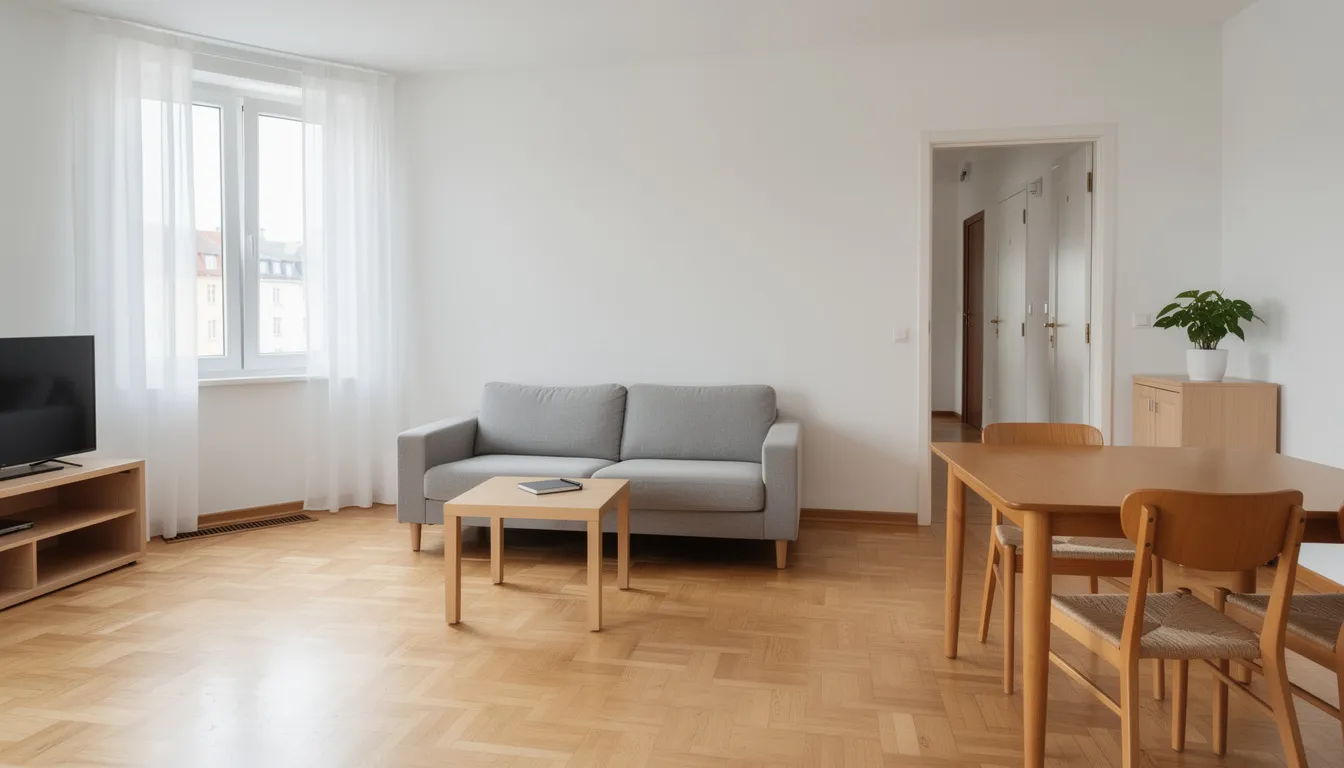 Na obrazie przedstawione jest jasne i uporządkowane wnętrze mieszkania, które jest gotowe do profesjonalnej wyceny nieruchomości w Warszawie, zwłaszcza w zielonych dzielnicach, takich jak Bielany. Wnętrze emanuje przytulnością, co może przyciągnąć potencjalnych klientów zainteresowanych sprzedażą nieruchomości.