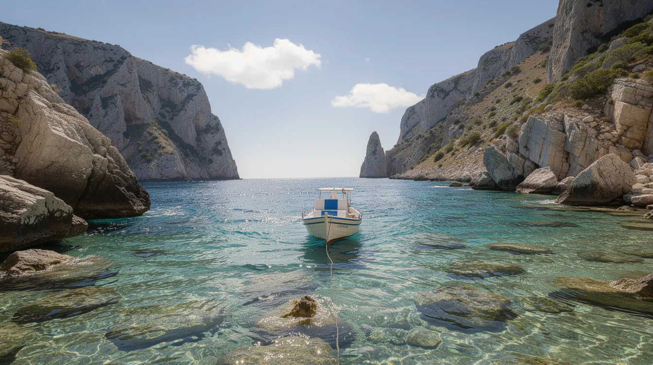 Um barco navega em águas turquesas cristalinas, cercado por formações rochosas de uma encantadora ilha grega, refletindo a beleza do clima mediterrâneo e a rica cultura da Grécia. A cena evoca um destino de viagem perfeito, ideal para explorar as maravilhas do mar Egeu.